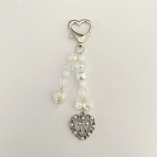 White Pearl Bow & Heart Keychain